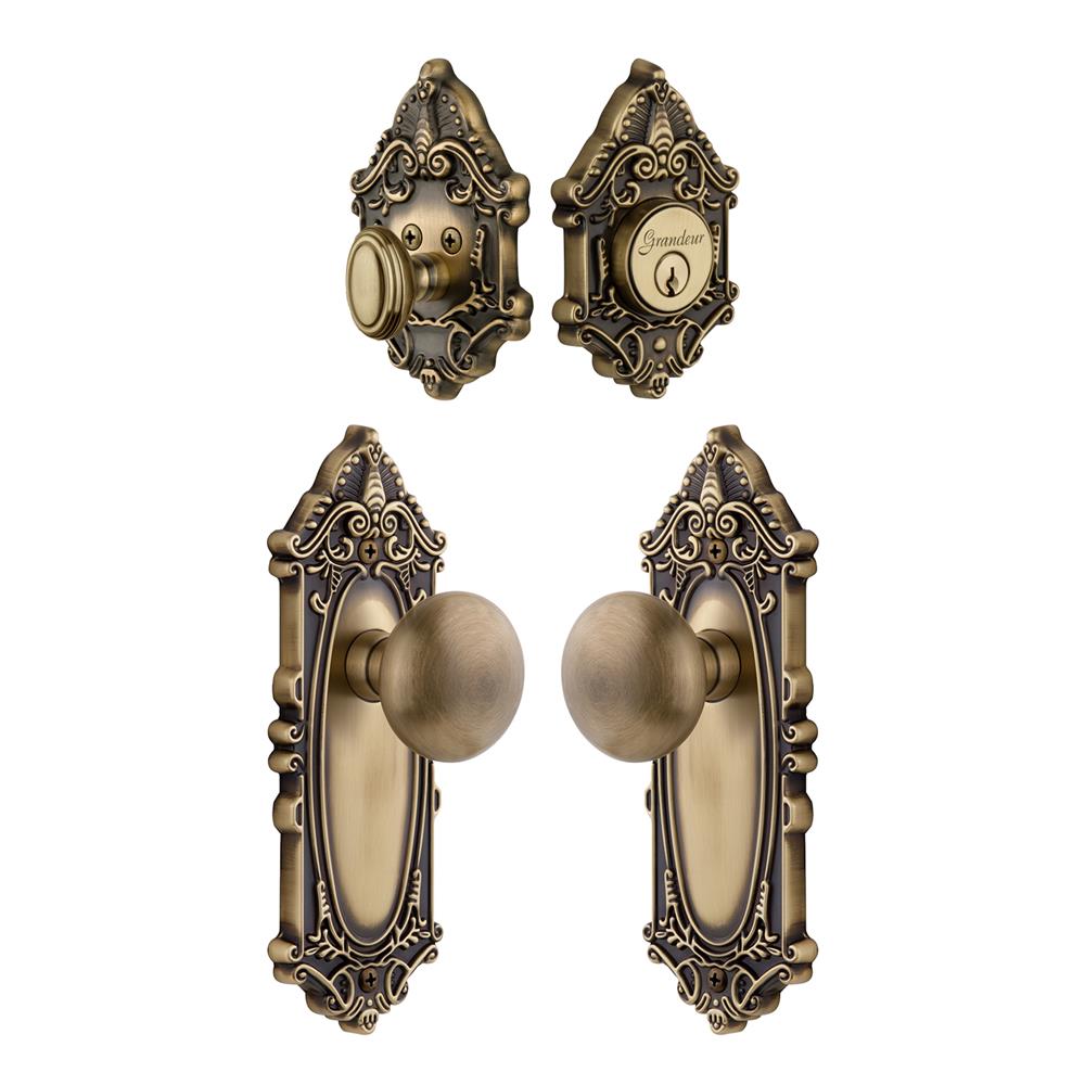 Grandeur by Nostalgic Warehouse Single Cylinder Combo Pack Keyed Differently - Grande Victorian Plate with Fifth Avenue Knob and Matching Deadbolt in Vintage Brass